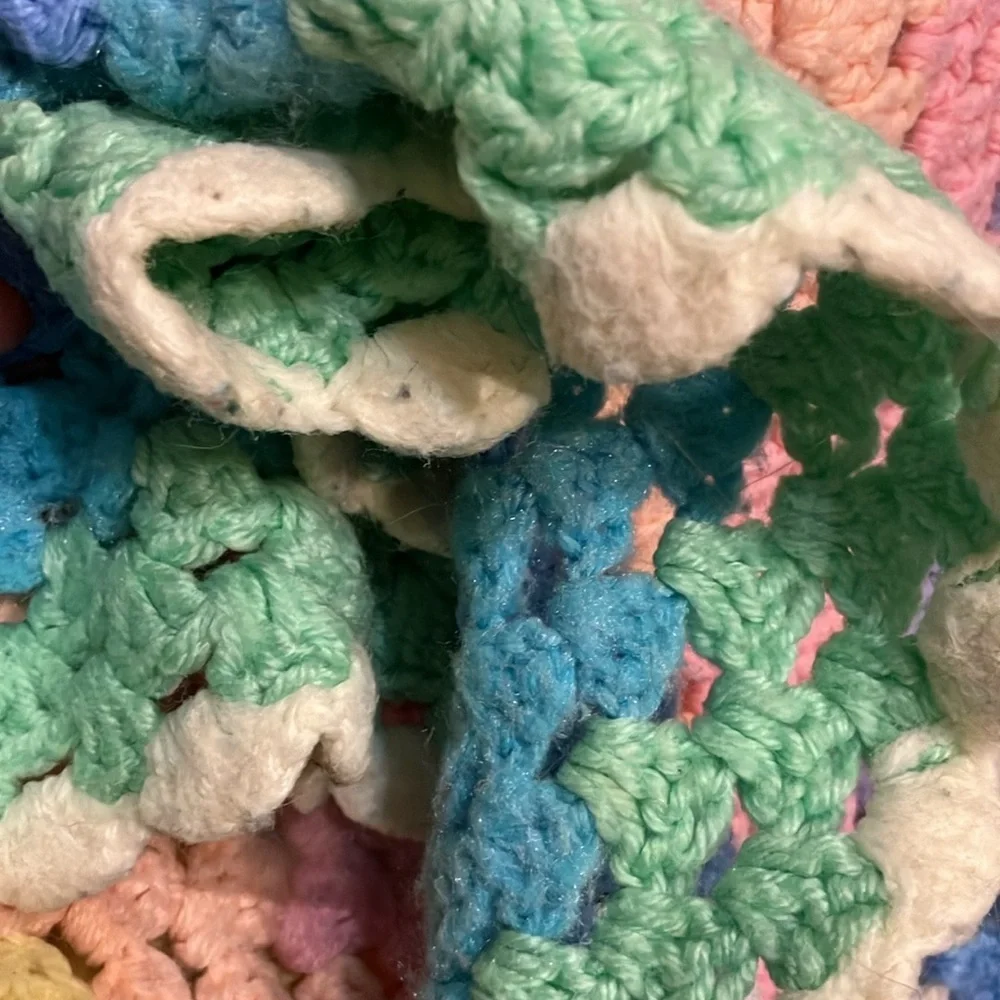 Wool crochet lap blanket in pastels 36 x 36”